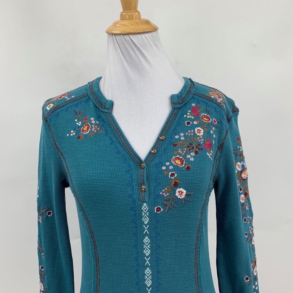 Sundance Top Womens XS Everglade Fayette Floral Henley Embroidered Long Sleeve - Picture 3 of 11